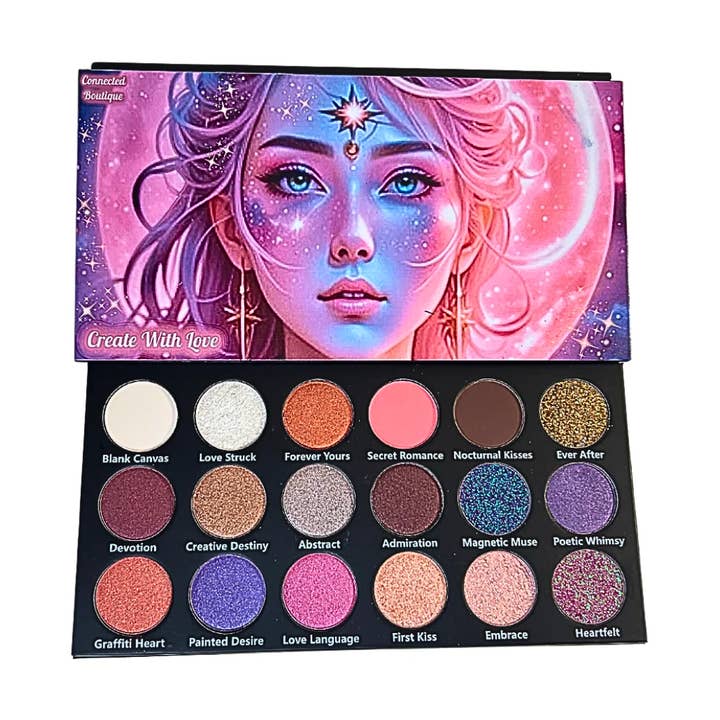 Create With Love 18‑Shade Eyeshadow Palette – Mattes, Shimmers & Glitters for wholesale by Connected Boutique