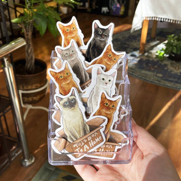 Cat in a Box, This Box is a Home, Premium Vinyl Sticker for wholesale by Art Fimbel