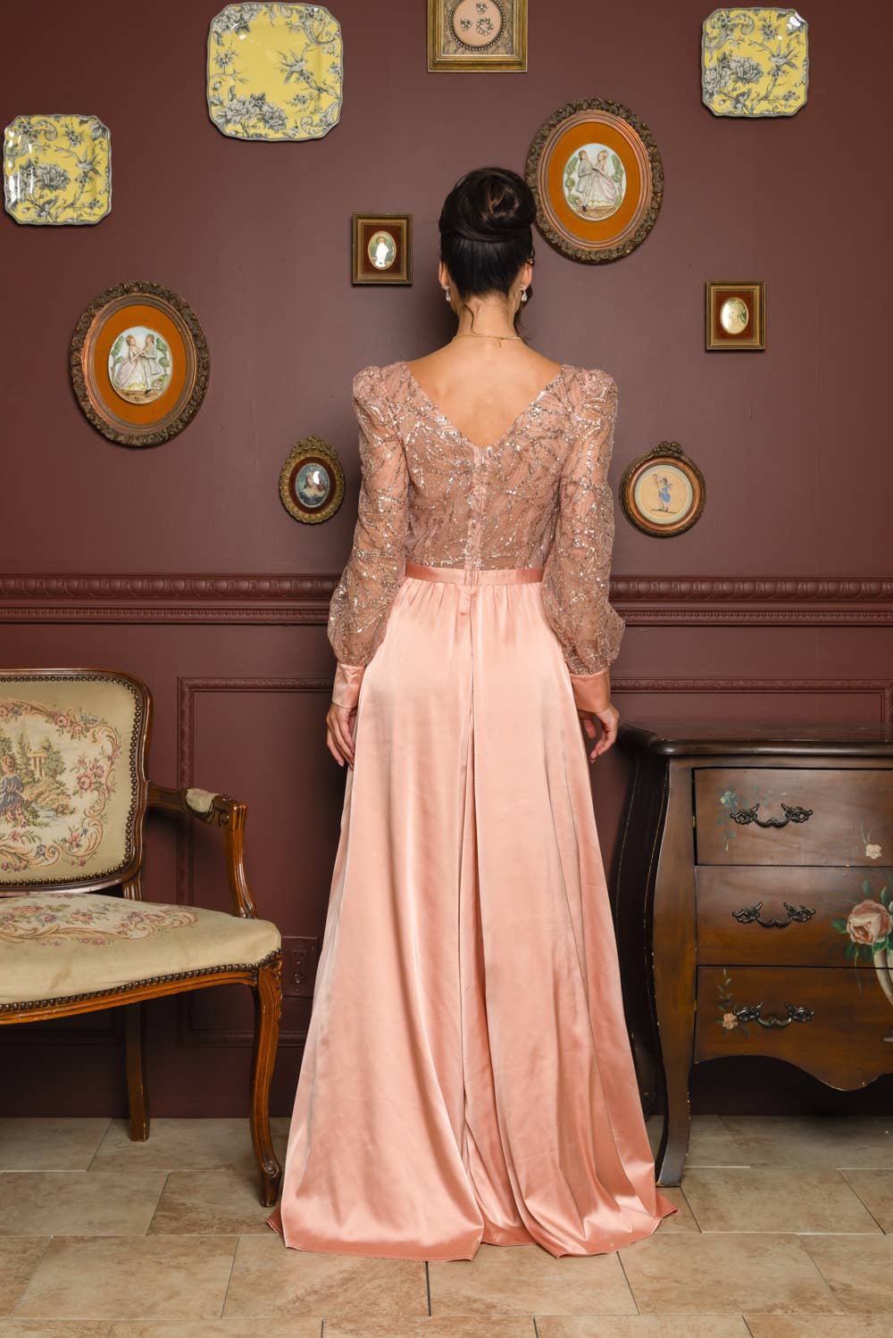 RICARICA INC. - Wholesale Gown - Women's - 2431-SOLID COLOR SATIN AND SEQUIN GLITTER MAXI DRESS8