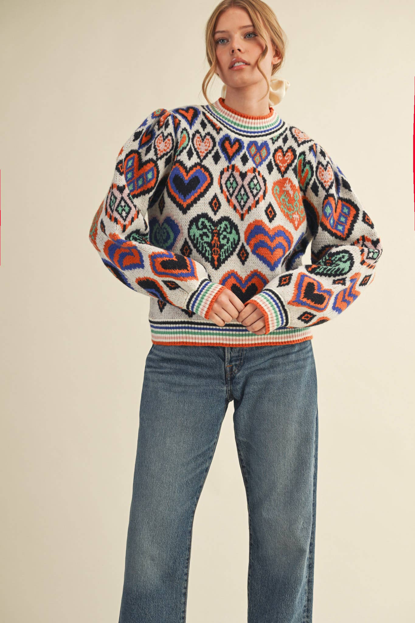 &MERCI - Wholesale Knit Sweater - Women's - HEART PATTERN PULLOVER SWEATER MSW1091332