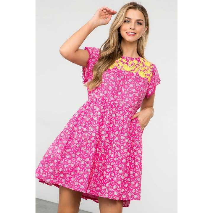 Flower Print Embroidered Tiered Dress for wholesale by THML