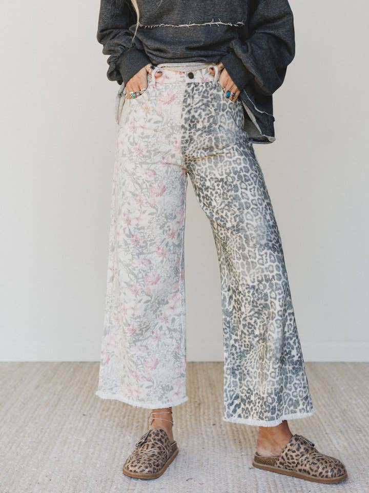 Ezra Mixed Print Wide Leg Jeans - Beige Multi for wholesale by Three Bird Nest