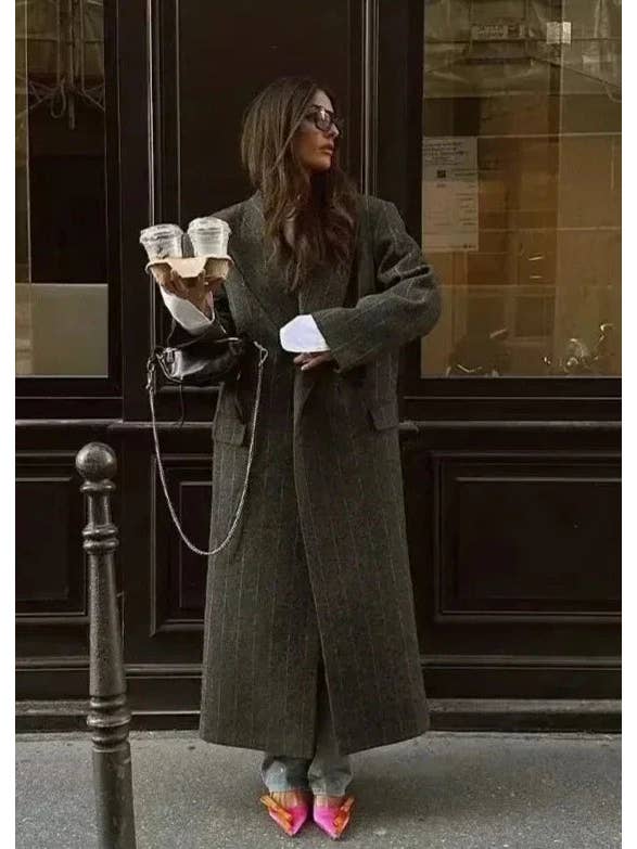 Black Pinstripe Long Woolen Coat - Elegant and Minimalist for wholesale on Faire