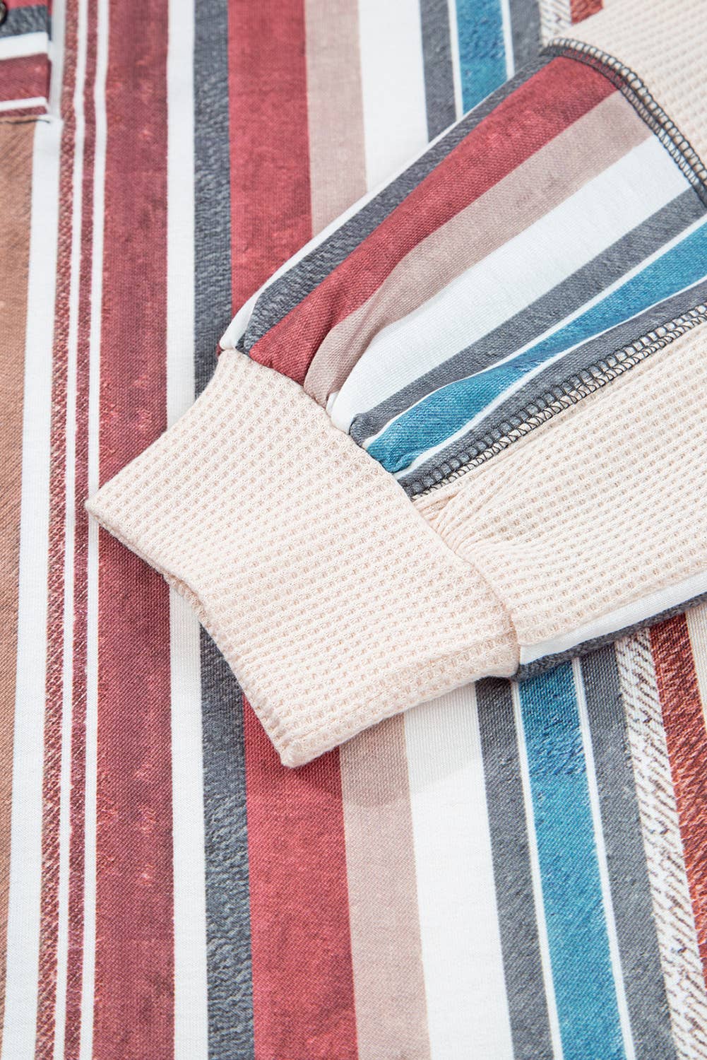 Beige Spring Striped Waffle Patchwork Exposed Seam Raw Edge Top for wholesale on Faire5