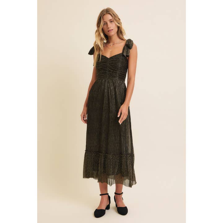 in february - Wholesale Dress - Women's - METALLIC MESH SHOULDER TIE PLEATED MIDI DRESS
