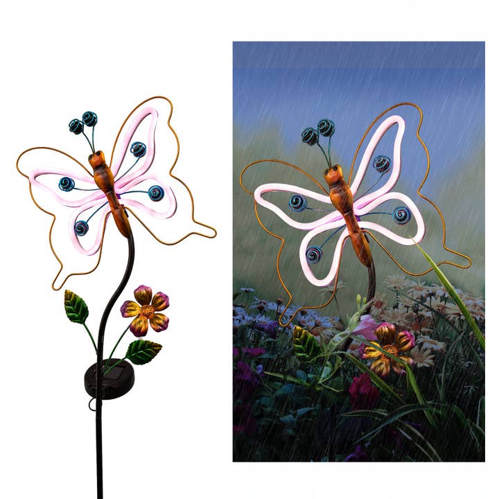 Sommerfugl og Dragonfly Solar Garden Stake, Sæt med 1 for engroshandel hos Forever Gifts Inc.
