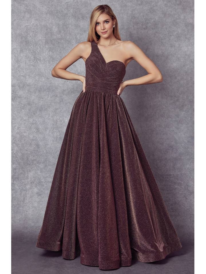 ONE SHOULDER SLEEVELESS GLITTER PROM GOWN WITH REMOVABLE BOW for wholesale by Juliet