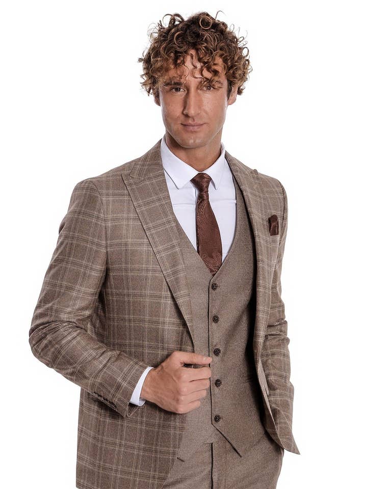 Brun Kontrolleret Slim Fit Lysebrun Herre Jakkesæt - Spids Revers for engroshandel på Faire0