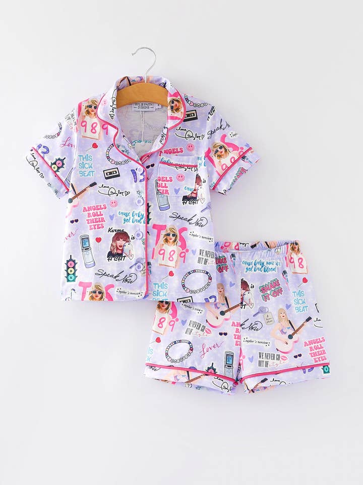 Rylee Faith Designs - Wholesale Sleepwear Set - Kids - Purple TS Lapel Button Short Sleeve Shorts Pajama Set