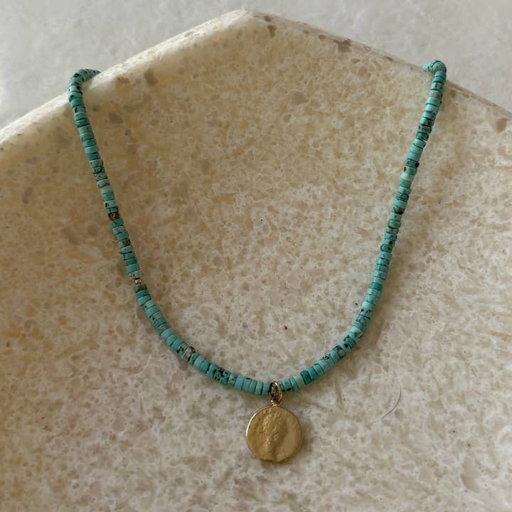 Dorsei Turquoise & Gold Filled Vintage Coin Necklace for wholesale by House of Olia