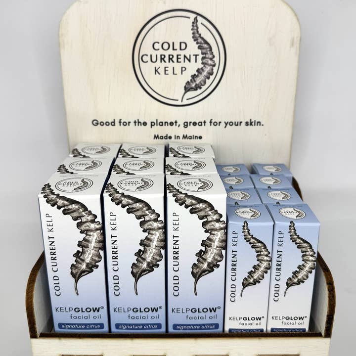 White wooden branded display for wholesale by Cold Current Kelp