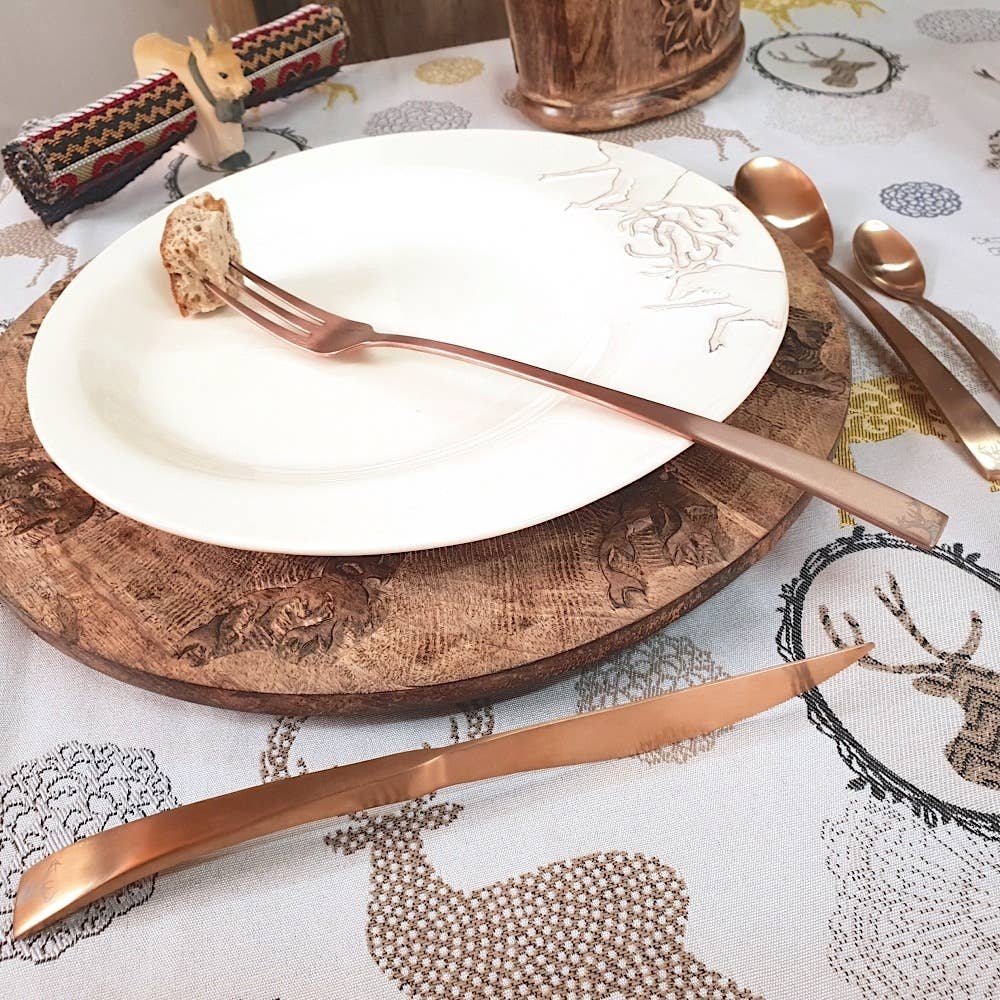 LES SCULPTEURS DU LAC – Garfo de mesa por atacado – Conjunto de 6 garfos de cobre fondue com veado gravado3