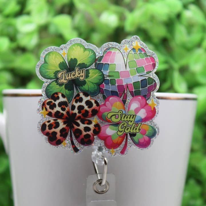 4-Leaf Clovers St. Patrick's Day Badge/ID Holder Reel for wholesale by Hylidae Boutique