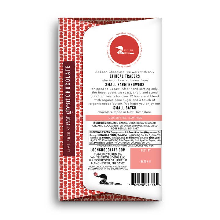 Loon Chocolate - Wholesale Chocolate Bar - Dark Chocolate with Strawberry & Rose Petals