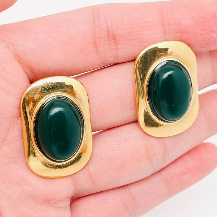 Oval Dark Green Gemstone18K Gold Plated Post Earring -FGS/CS for wholesale by Mio Queena