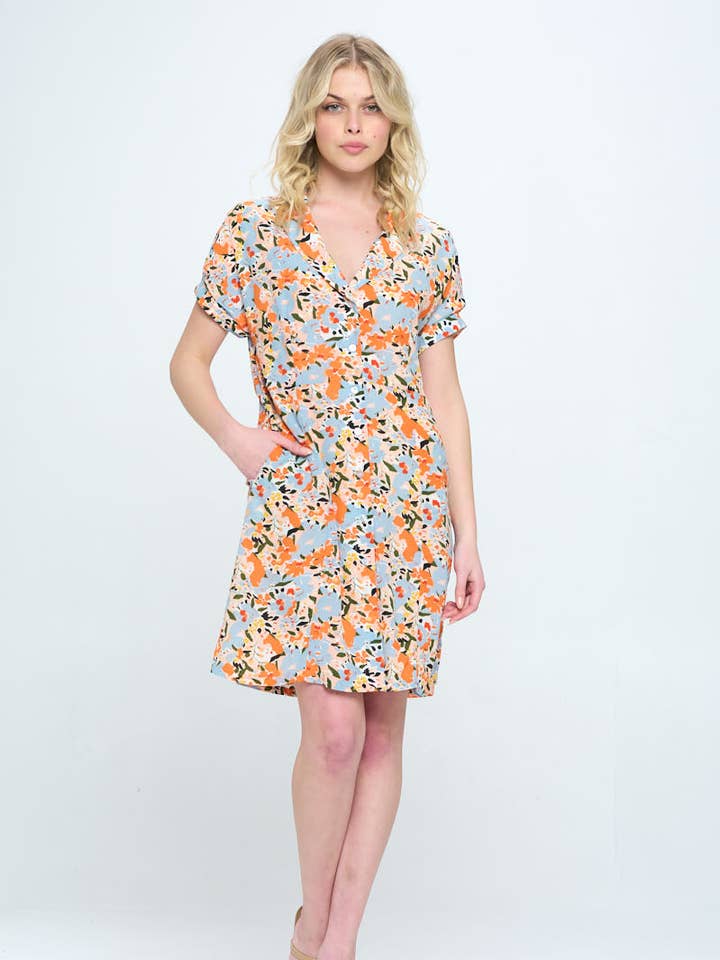 PERSIKA BLOMMÖNSTER KNAPP UPP KLÄNNING MED FICKOR för wholesale av SM WARDROBE