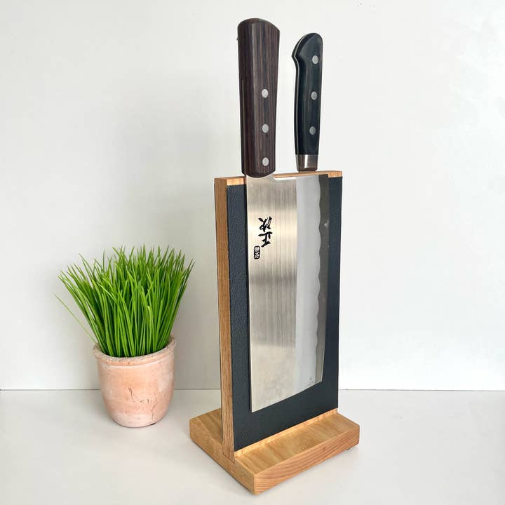 ArcDefined - Vente Rangement pour couteaux - Porte-couteaux magnétique en bois | Bloc à couteaux bois et cuir2