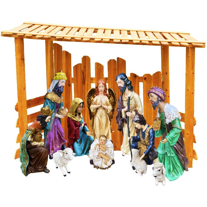 12 Piece Outdoor Nativity Set with Solid Wood Creche for wholesale by Santa’s Workshop Inc.