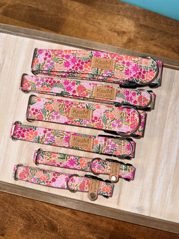 Magical Meadow Pink Flowers Dog Collar, Pet Accessory for wholesale by K and M Collars