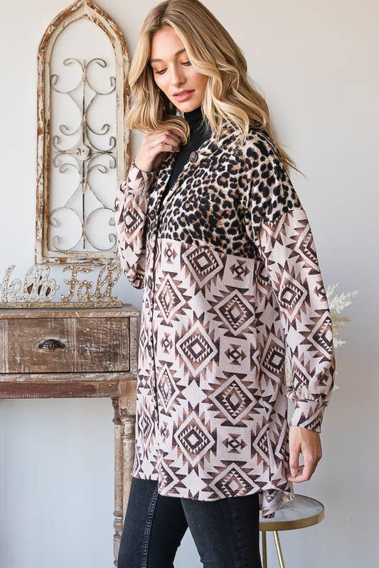 BROWN TAUPE EJ6720-15 AZTEC AND ANIMAL LEOPARD BUTTON DOWN SHACKET for wholesale on Faire8
