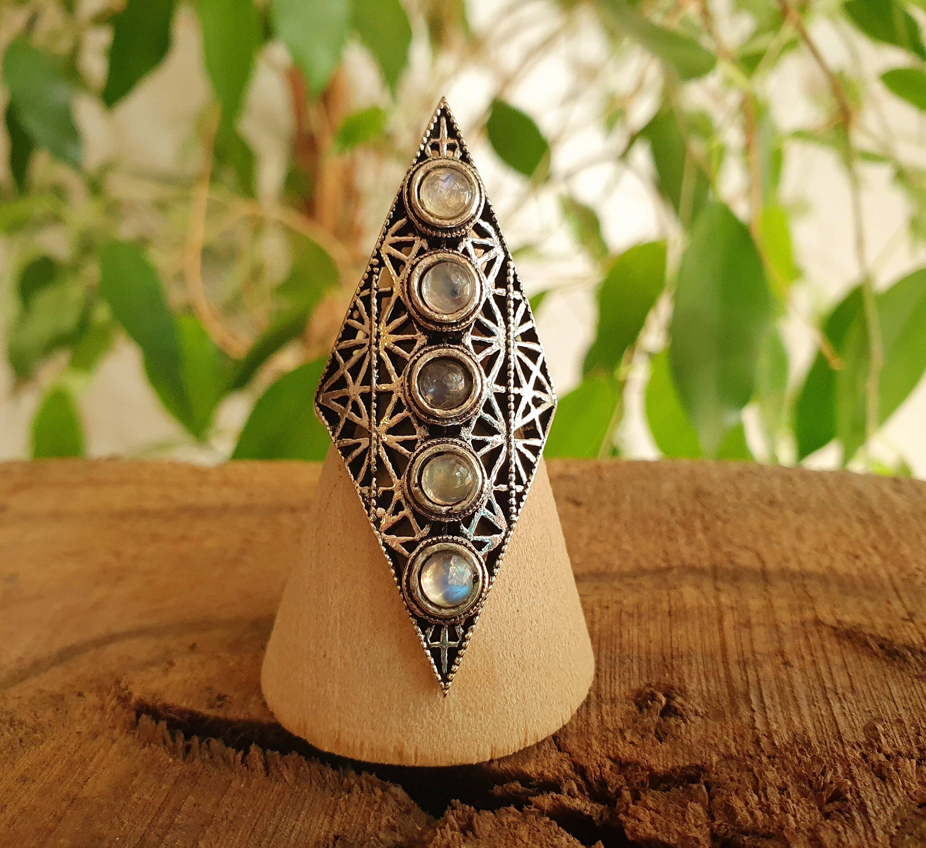 Kaali Boutique – wholesale Multi-stone ring – Silver Geometric Diamond Shape Ring / Moonstone / Large /Boho / Ethnic / Rustic / Tribal / Gypsy / Festival / Indian / Festival2