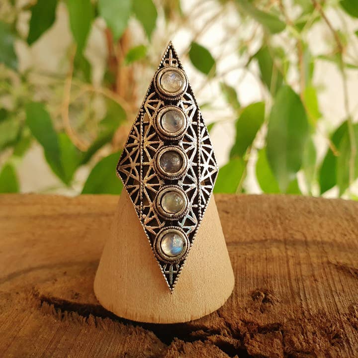 Kaali Boutique – wholesale Multi-stone ring – Silver Geometric Diamond Shape Ring / Moonstone / Large /Boho / Ethnic / Rustic / Tribal / Gypsy / Festival / Indian / Festival2