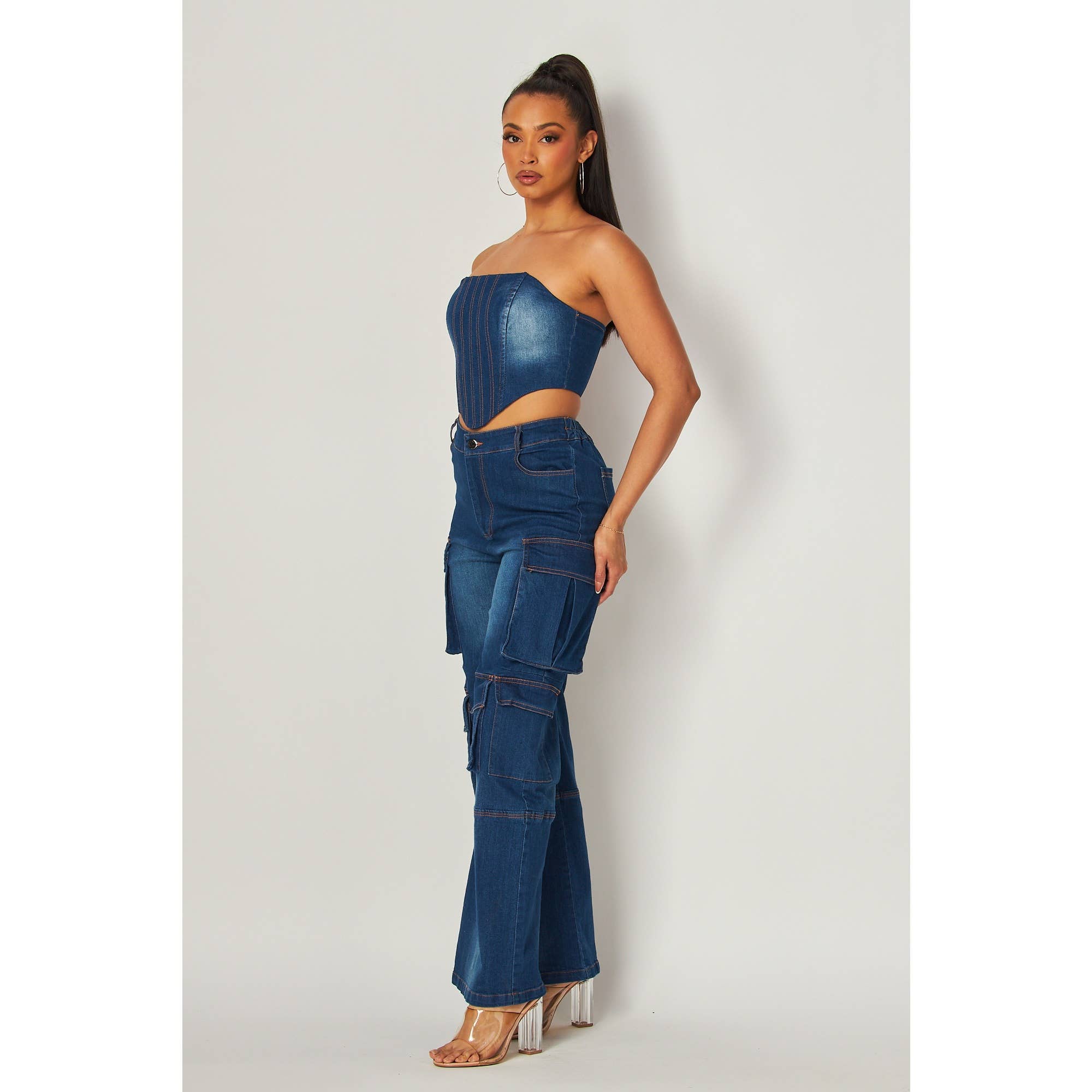 Miss 8 - Wholesale Top & Pant Set (NOT Loungewear) - Women's - Denim Cargo Strapless Top and Wide-Leg Pants Set8