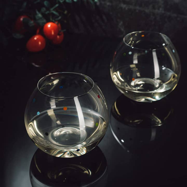 The Wine Savant / Khen Glassware - Wholesale Wine Glass - Polka Dot Set of 2 Stemless Bubble Wine Glasses 16 oz