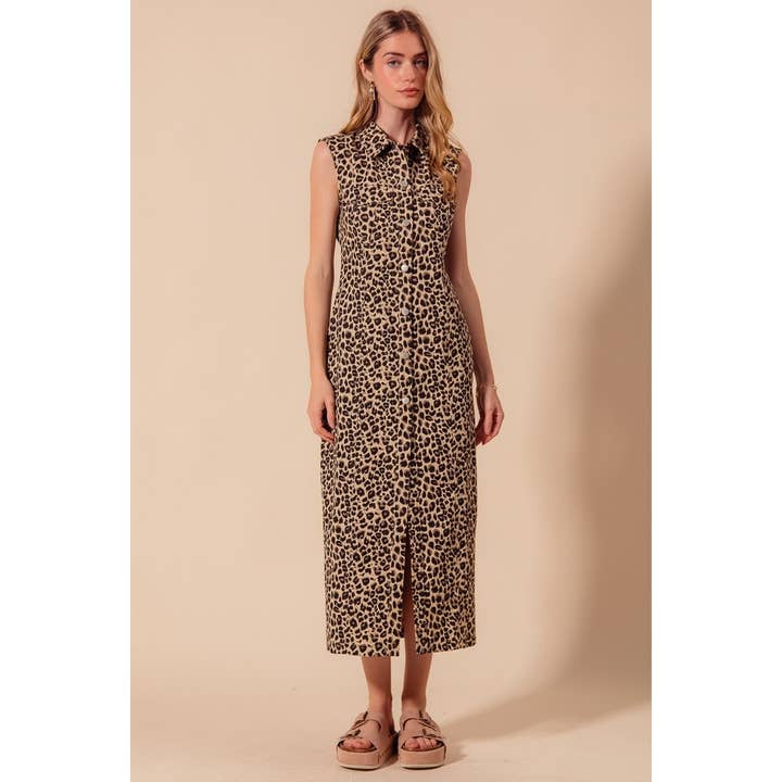 BUTTON FRONT MAXI LEOPARD DENIM SHIRT DRESS for wholesale on Faire