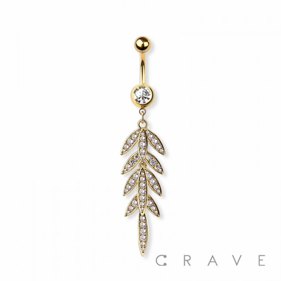 CRAVE - Wholesale Belly Ring - CZ PAVED LEAF DANGLE 316L SURGICAL STEEL NAVEL RING0