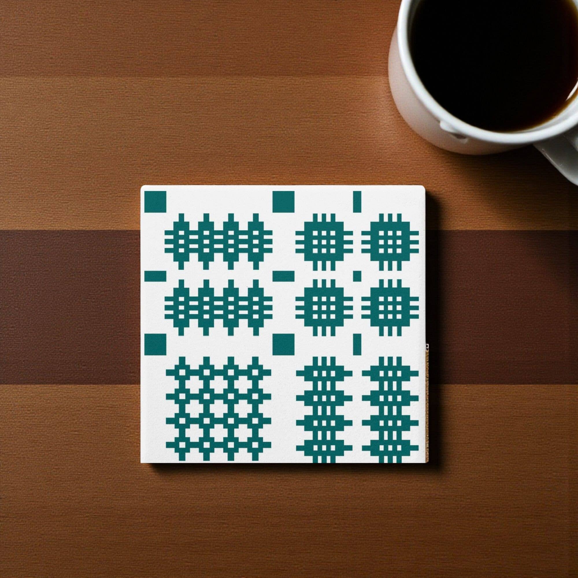 Moose & Co – wholesale Coasters – White and Teal Welsh Tapestry Blanket Print Coaster  2