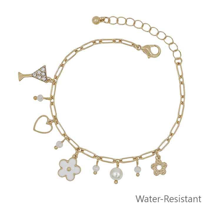 What's Hot - Wholesale Charm/Dangle Bracelet - Water Resistant White Flower, Pearl, Heart, Multi Charm Bracelet