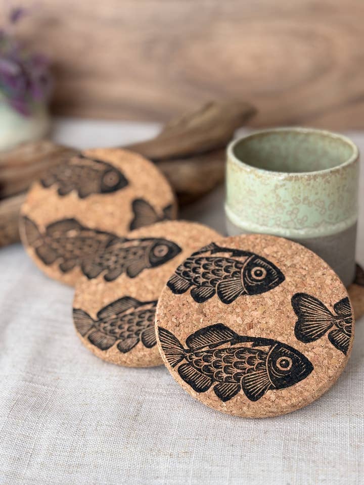 Fish Linocut Cork Coasters for wholesale by Jackdaw and Bear
