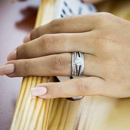 Guard & Solitaire Set,Includes 2 pieces: Guard and 1 Carat CZ Solitair Jewellery Kingdom Ladies Set Cz Engagement Wedding Band Guards Baguettes  Solitaire 2pcs Ring