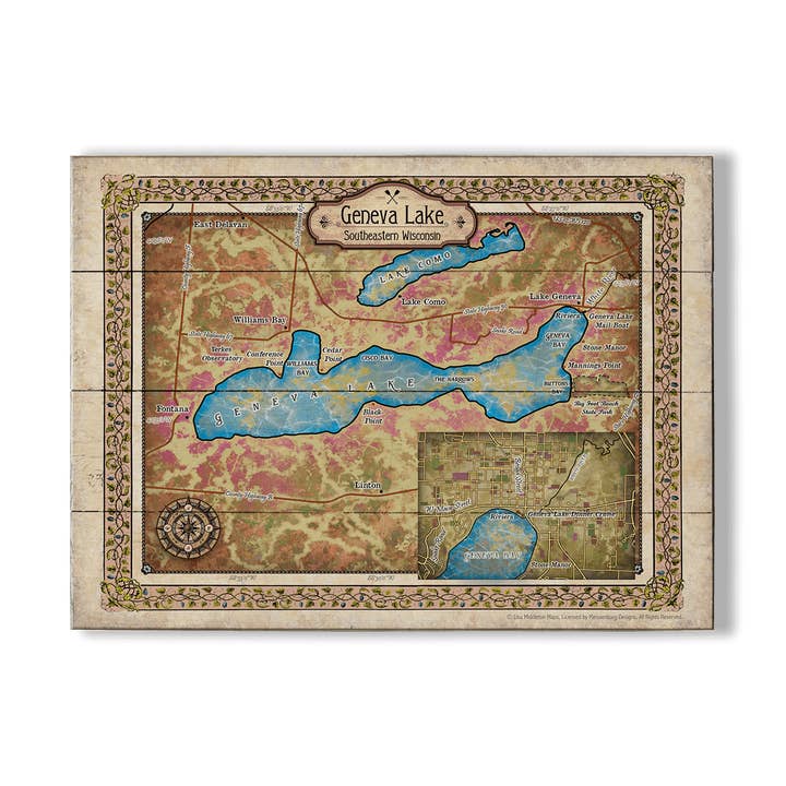 Lac de Genève, Wisconsin : Carte illustrée - Décoration murale pour la vente par Old Wood Signs