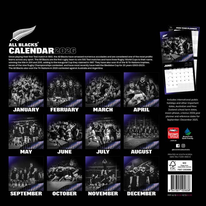 BrownTrout Publishers - Wholesale Calendar - All Blacks OFFICIAL | 2026 12 x 24 Inch (Hanging) Monthly Square Wall Calendar | Plastic-Free | BrownTrout | Rugby Sport1