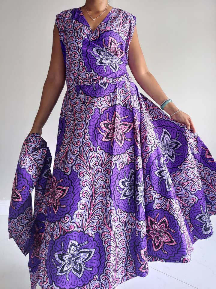 1045- Women Long Printed Sleeveless Wrap Dress for wholesale by India Batik