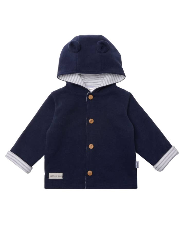 Cardigan in costina blu navy con cappuccio a orecchie per la vendita all'ingrosso da parte di Liliput