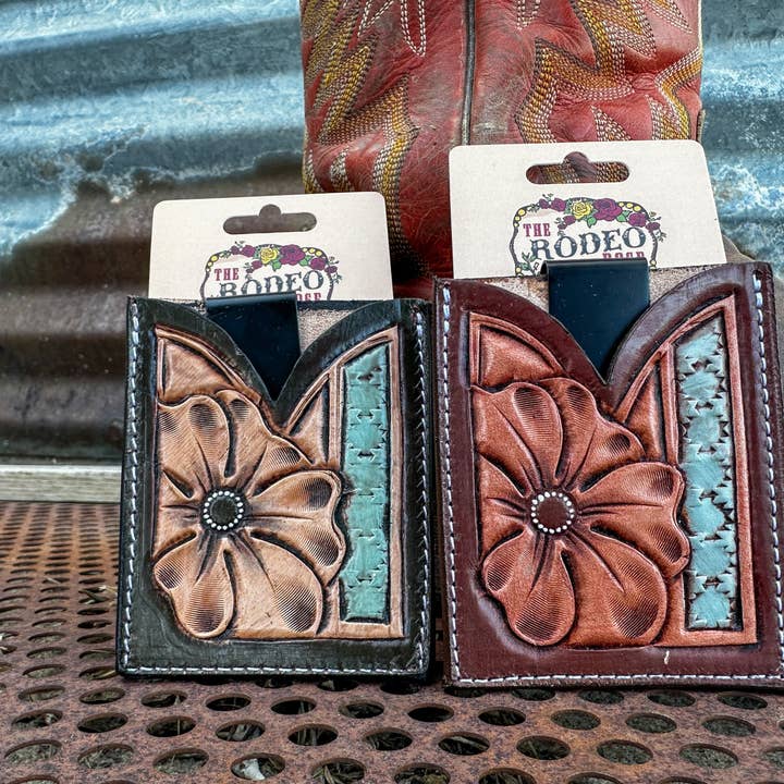 Leren portemonnee met handgesneden western bloemen – bootstijl voor wholesale door The Rodeo Rose