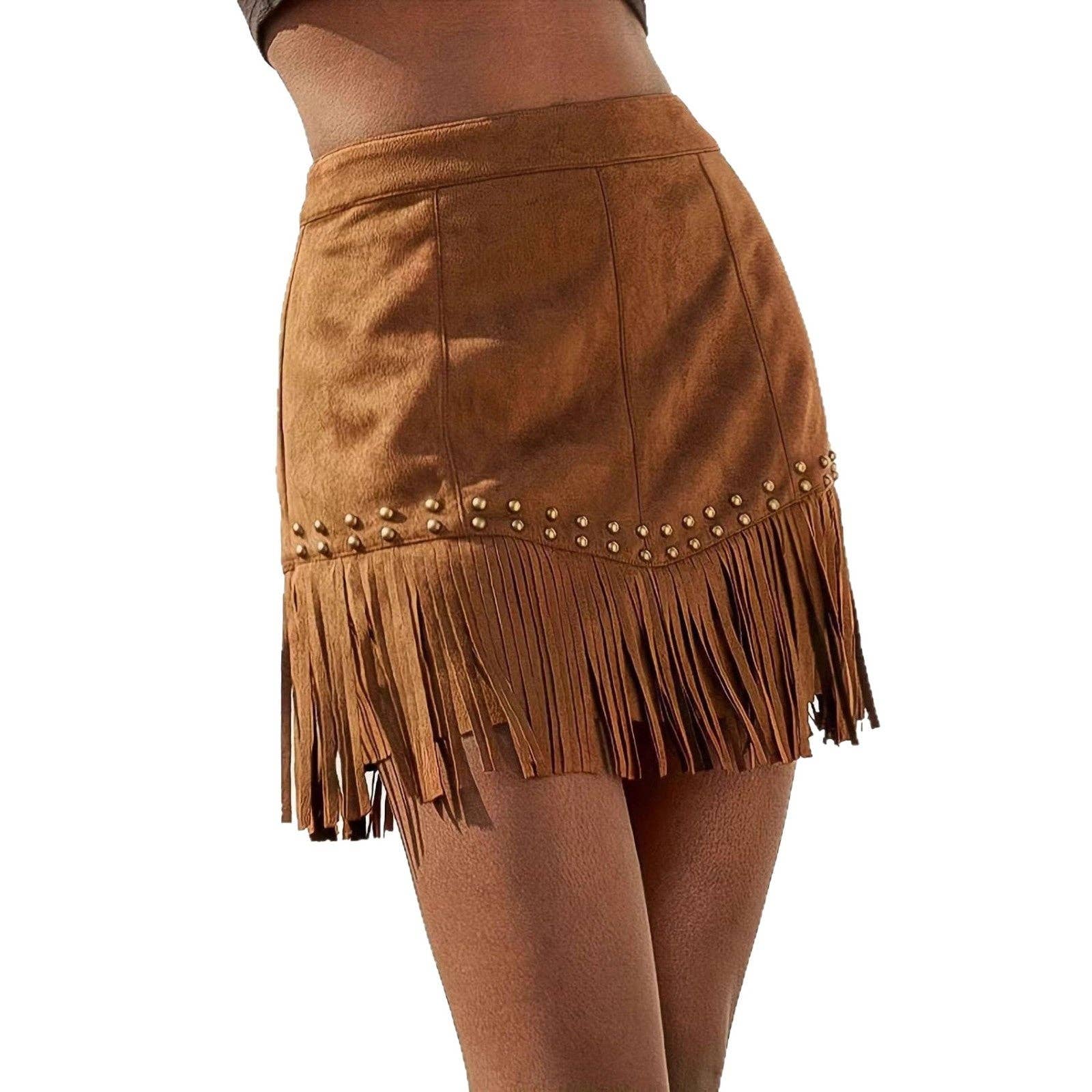 Brown Women Western Fringe Suede  Retro Style Mini Skirt for wholesale on Faire6