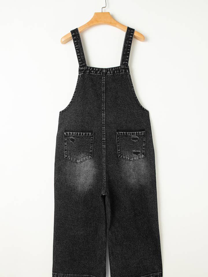 Black Denim Distressed Bib Pocket Overall for wholesale on Faire