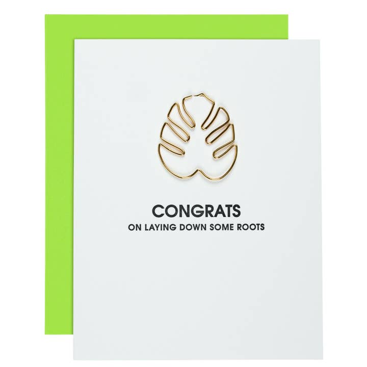Congrats on Laying Down Some Roots - Carte de vœux avec trombone typographique Monstera Leaf pour la vente par Chez Gagné