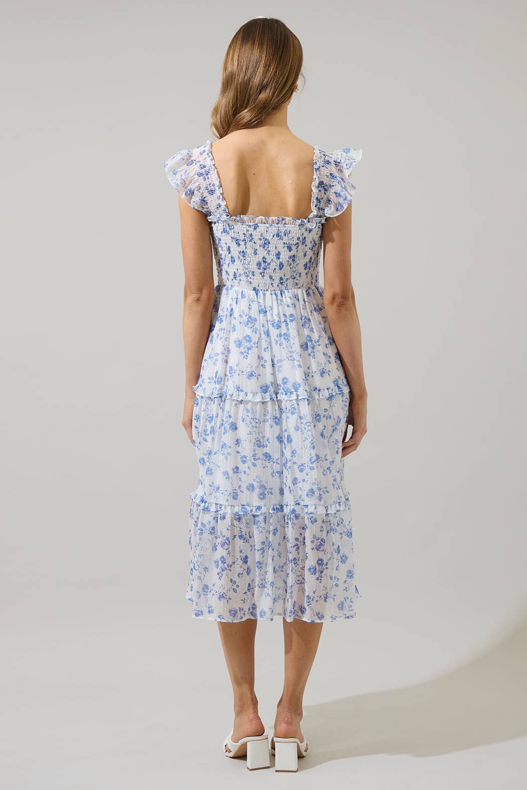 WHITE BLUE Wren Floral Bayshore Smocked Midi Dress for wholesale on Faire1