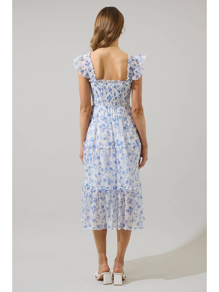 WHITE BLUE Wren Floral Bayshore Smocked Midi Dress for wholesale on Faire1