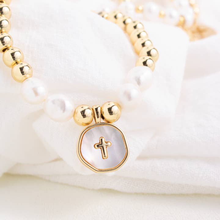 Cross + Pearls Stretch Charm Bracelet for wholesale by Splendid Iris