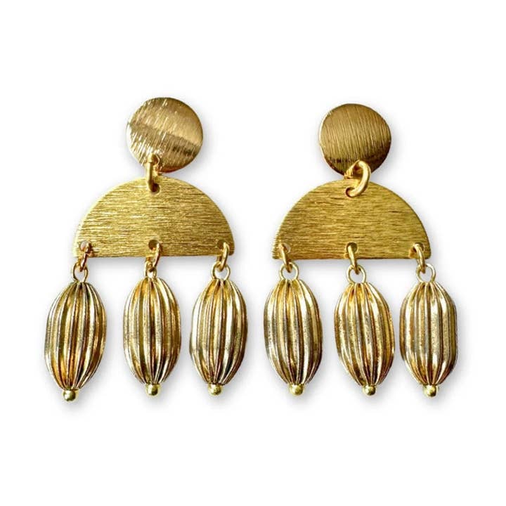 Repurposed vintage fluted metal bead earrings with brass semicircle for wholesale by Lulu’s Petals