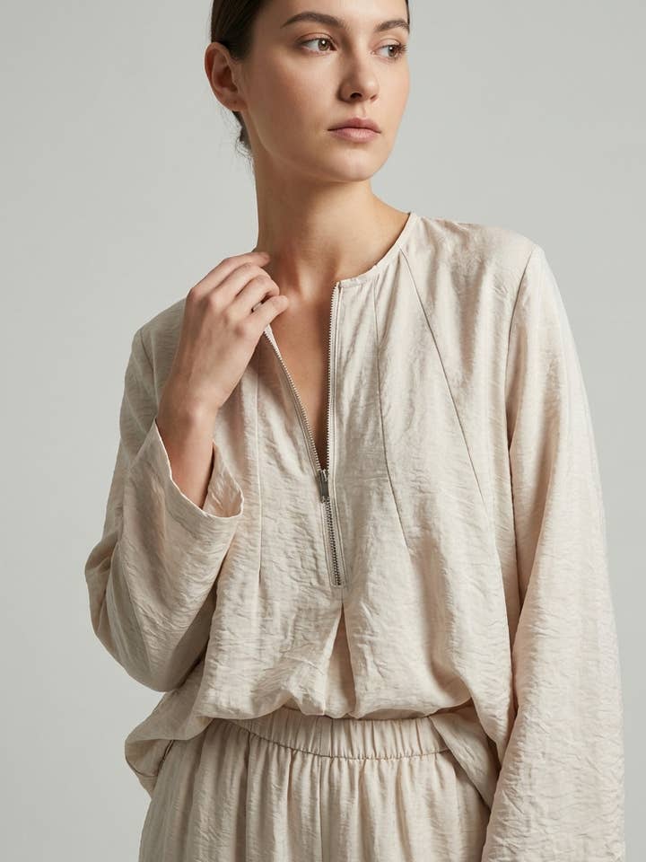 L'Emotion - Wholesale Tunic - Women's - Pleated Viscose Nylon Zip Collar Top & Pants Set7