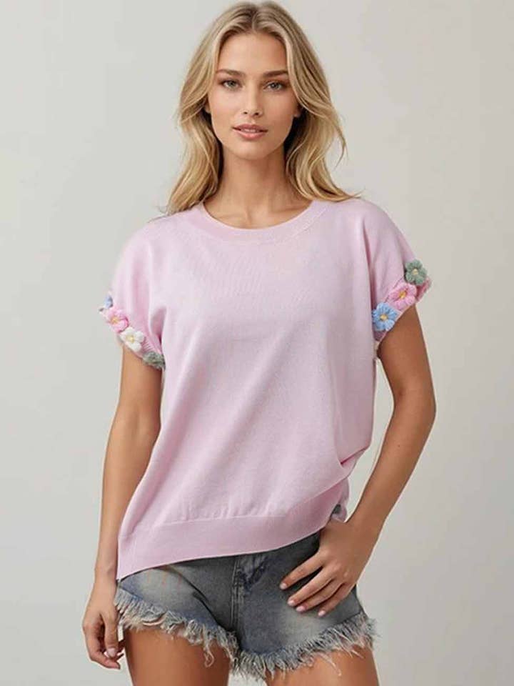 Ladies 3D Flower Pullover Short Sleeves Sweater Knit Top for wholesale by Sweetkama
