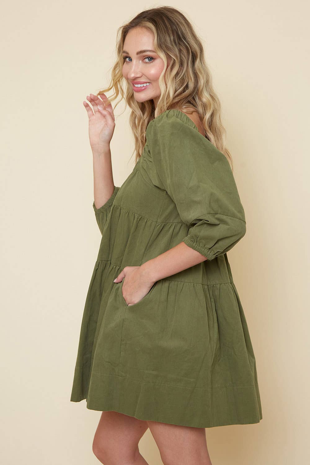 Saints & Hearts - Vente Robe – femme - SID2340A ROBE BABYDOLL OCCIDENTALE À COL CARRÉ OLIVE AVEC POCHES3