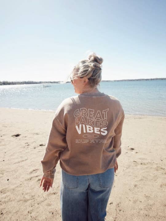 Great Lakes Vibes Tan Corded Crew for wholesale by Kiloh + Co.